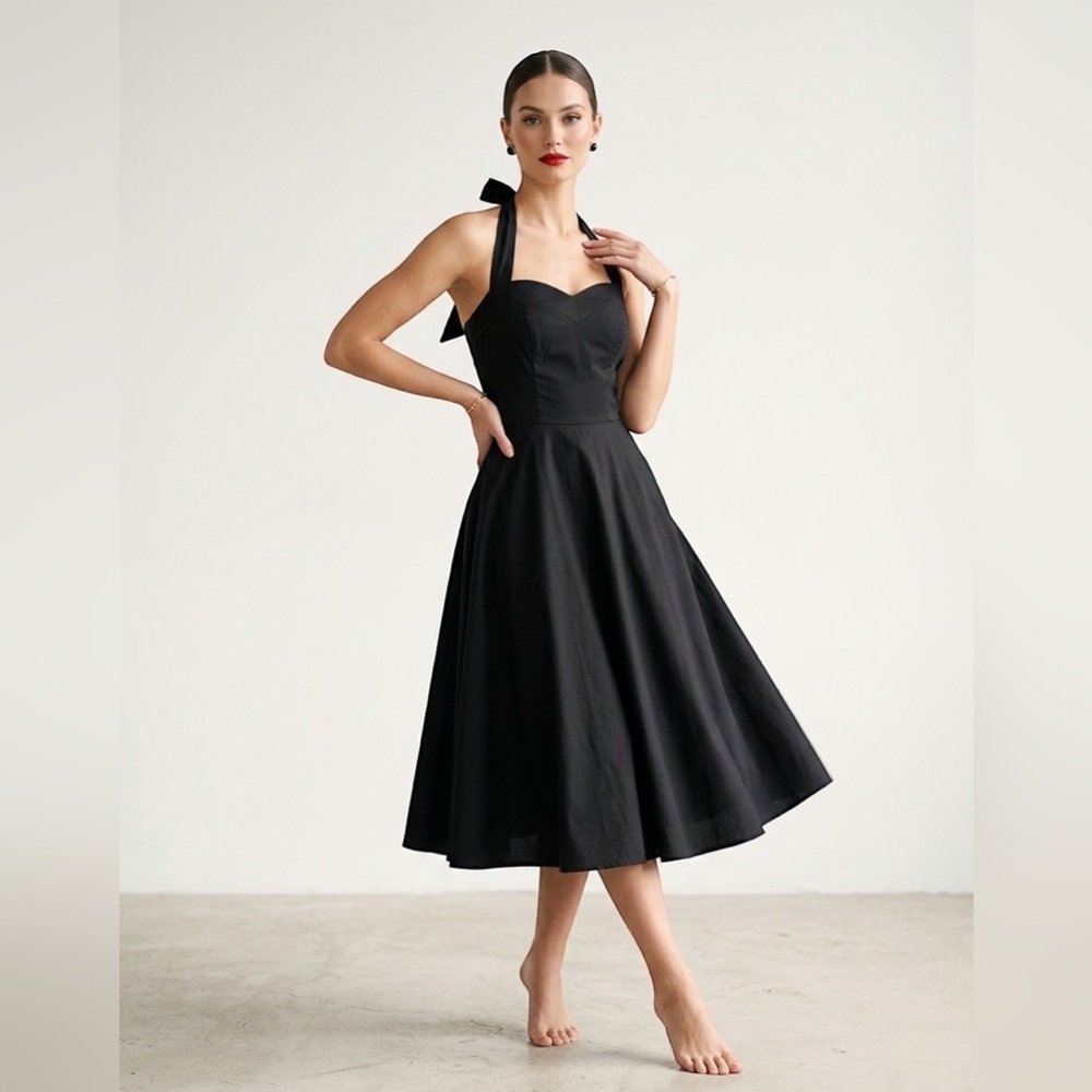 🖤 NWT Topdness Black Halter Corset Back Midi Dress | Retro LBD | Size S